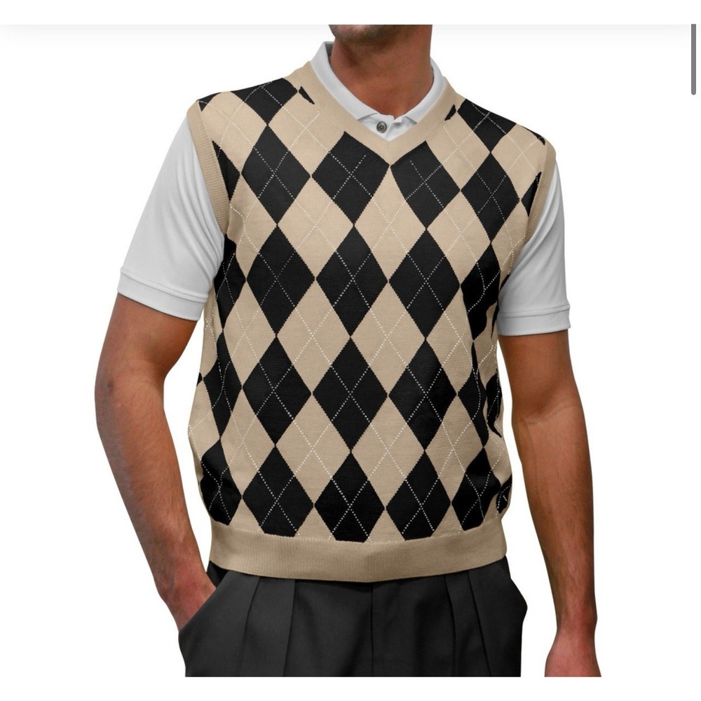 Golf Knickers Men's Sweater Vest‎ XL Khaki Black Argyle Wool Blend NWOT